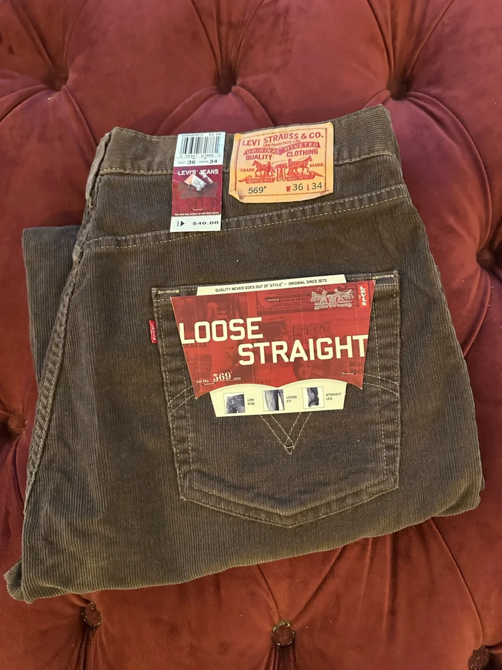 Levi's Lot 3pr of Loose/Straight Cords in LtGray, Brown, and DkGray W36L32&34